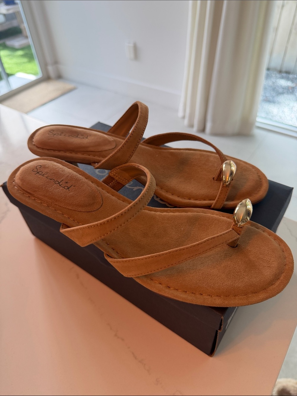 Splendid Brown Suede Toe-Ring Sandals with Gold Accent